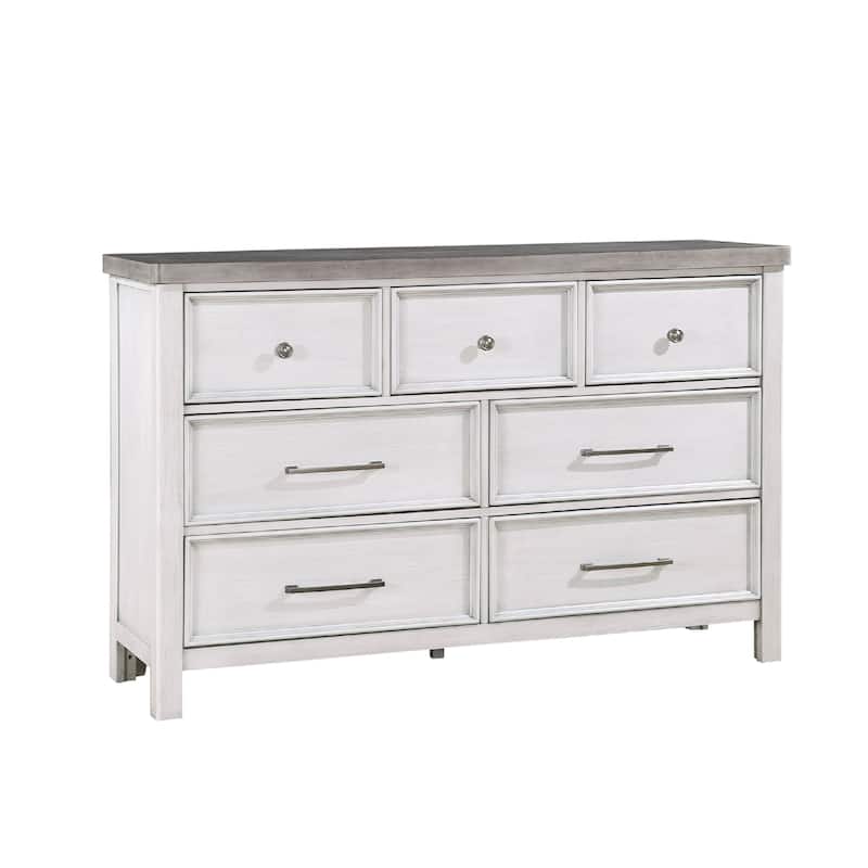 Amby Dresser, 62 Inch, 7 Drawers, Farmhouse White Gray Acacia Wood