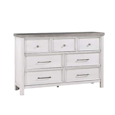 Amby Dresser, 62 Inch, 7 Drawers, Farmhouse White Gray Acacia Wood