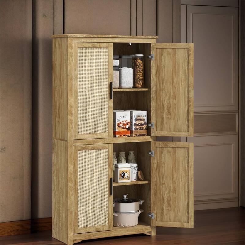 64" Rattan Kitchen Storage Cabinet with Adjustable Shelf, Natural