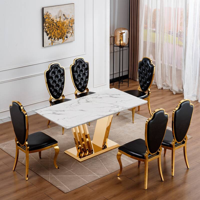 70'' Rectangle Faux Marble Dining Table with Mirrored Finish Stainless Steel Base - Gold+White