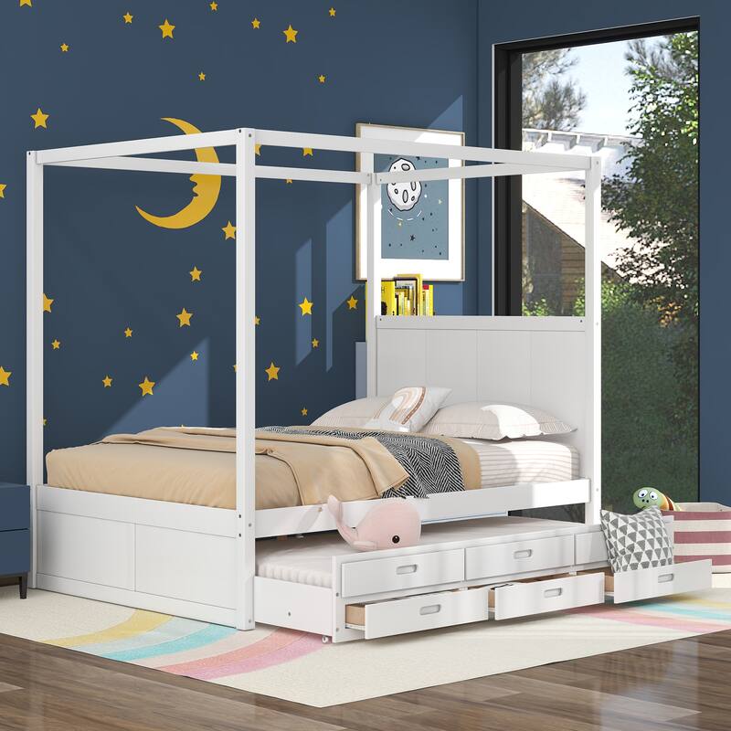 Nestfair Queen Size Canopy Platform Bed with Trundle and Drawers On