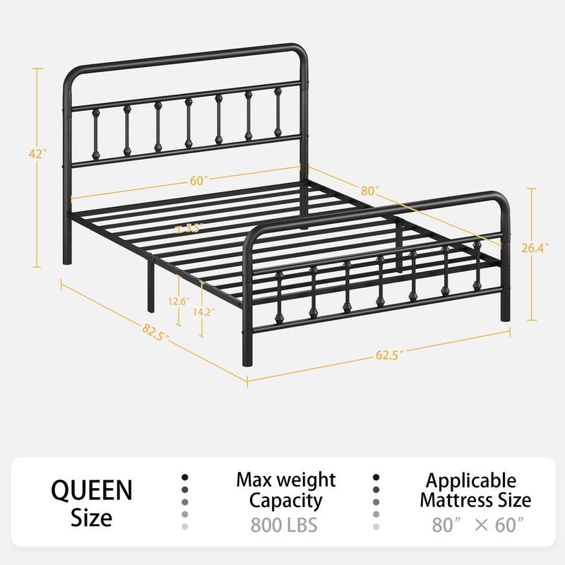 Queen Size Metal Bed Frame w/Headboard and Under Bed Storage, Heavy Duty Steel Slat Supported, No Box Spring Needed/Noise Free