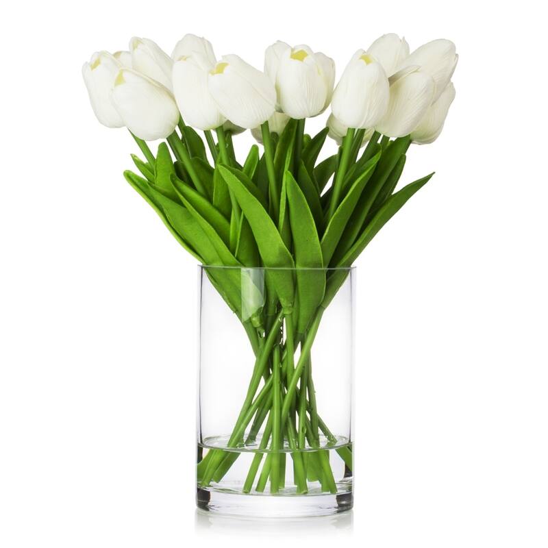Enova Home 20 Pieces Artificial Real Touch Tulips Fake Silk Flowers Arrangement in Glass Vase with Faux Water for Home Decor - White