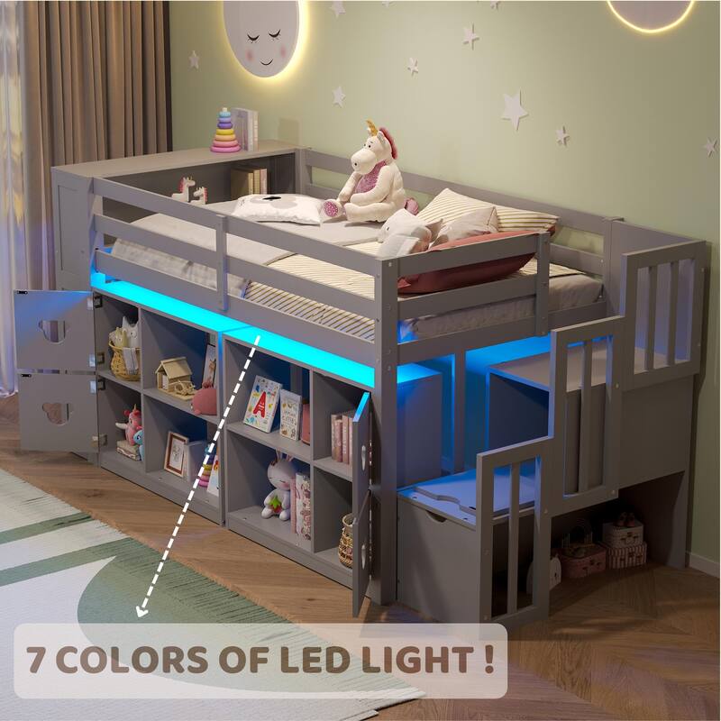 Twin Size LED Loft Bed, Wooden Low Loftbed Frame with Under Bed Storage, Shelves and Storage Stairs