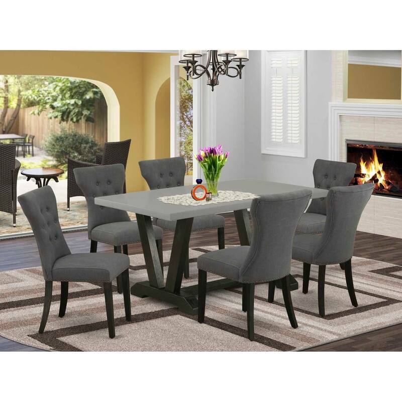 HomeStock 7-Pc Rectangle Natural Oak Finish Solid Wood Top Dining Table with 6 Parson Chairs