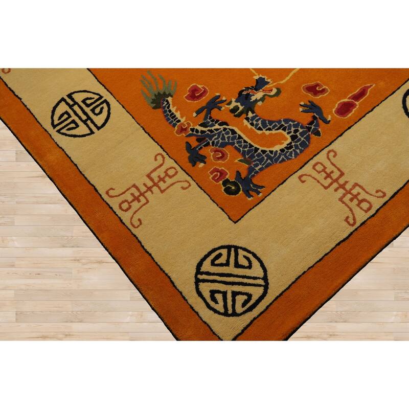 Gold Medallion & Dragon Chinese Art Deco New Zealand Wool Hand Tufted Multi Size Oriental Area Rug LoomBloom