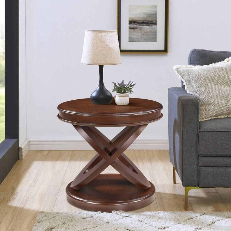 Retro Round Solid Wood End Table with X-Shape Base for Living Room Use
