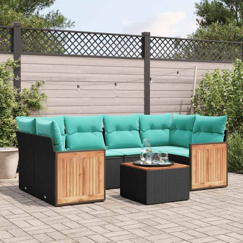 vidaXL 7 Piece Patio Sofa Set with Cushions Black Poly Rattan - 24.4 x 24.4 x 27.2