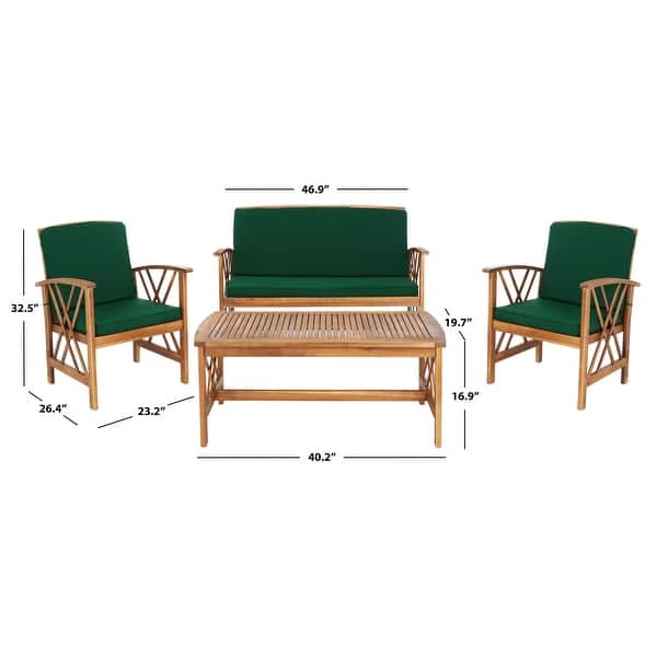 dimension image slide 1 of 8, SAFAVIEH Fontana 4-piece Acacia Solid Wood Outdoor Conversation Patio Set