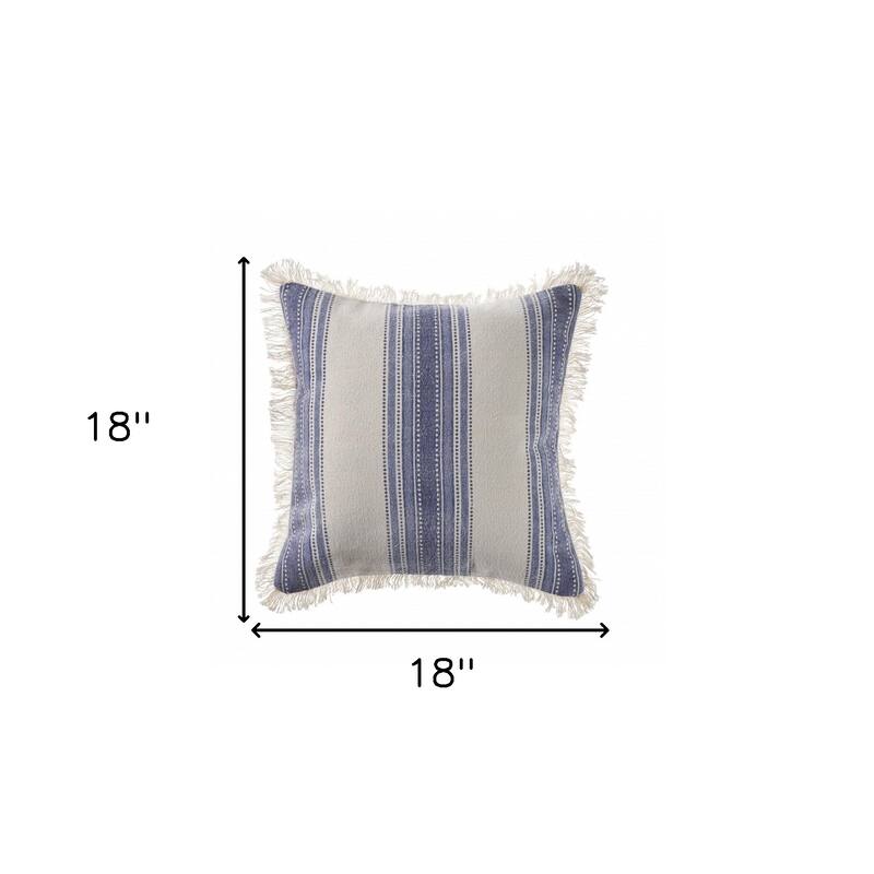 HomeRoots 18" Navy Blue And Ivory Cotton Coastal Throw Pillow with Fringe