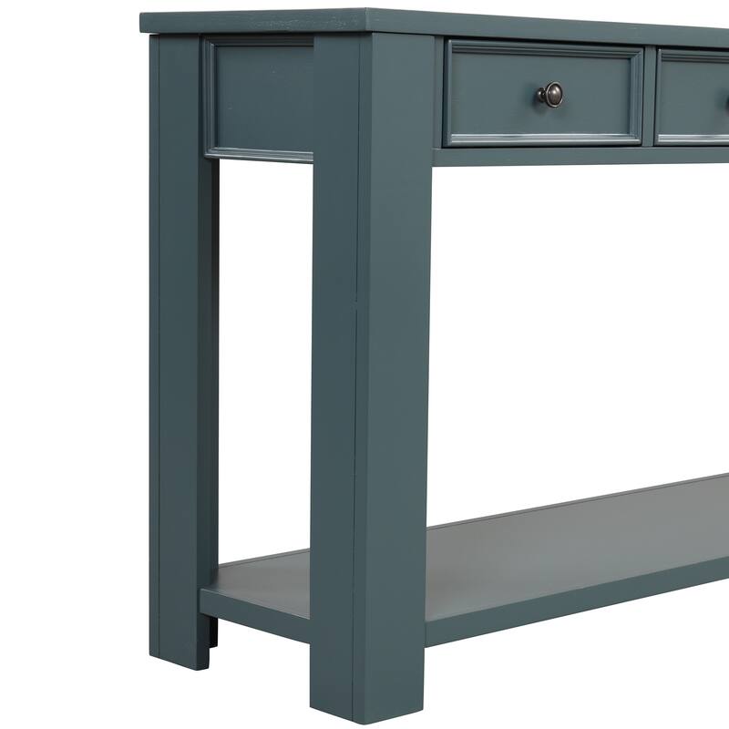 63" Pine Console Table with 4 Drawers & Open Bottom Shelf, Classic Retro Long Entryway Table Sofa Table for Living Room Entryway