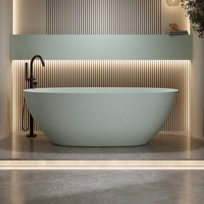 Luxury Solid Surface Freestanding Soaking Bathtub with Center Drain and Pop-up Drain, Modern Beige Tub with Overflow - 61.00 in. x 30.70 in. x 21.30 - Turquoise Green