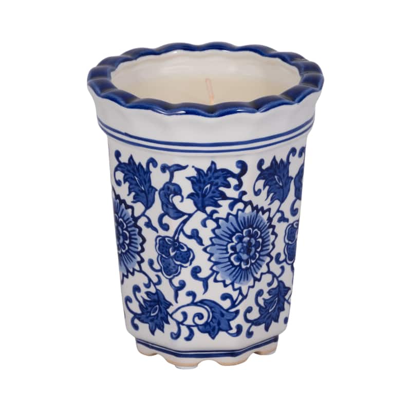 Sagebrook Home Ceramic Wax Fluted Chinoiserie Candle, 4-Inch, 7oz Blue/White - 4" x 4" x 6"