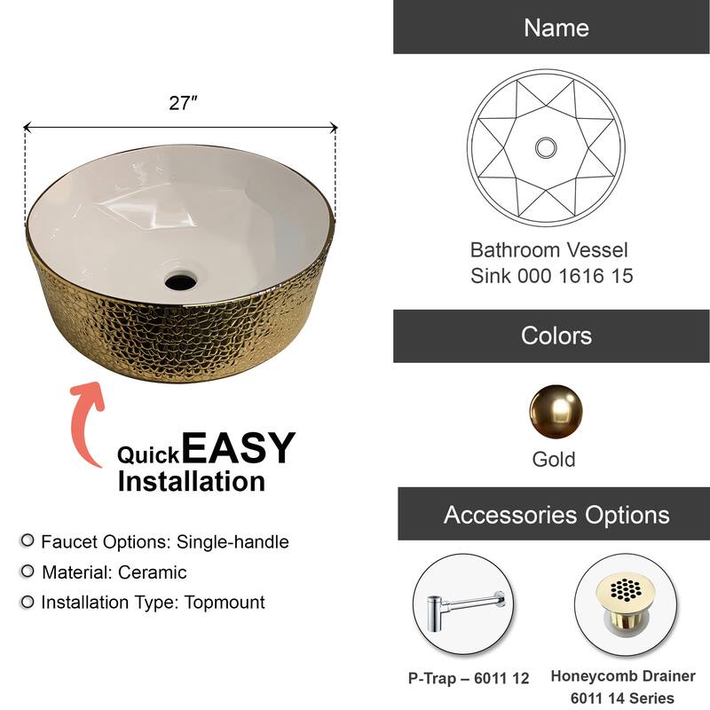 Dowell Ceramic Vessel Sink - Round - 17" Round - 17" Round - Golden