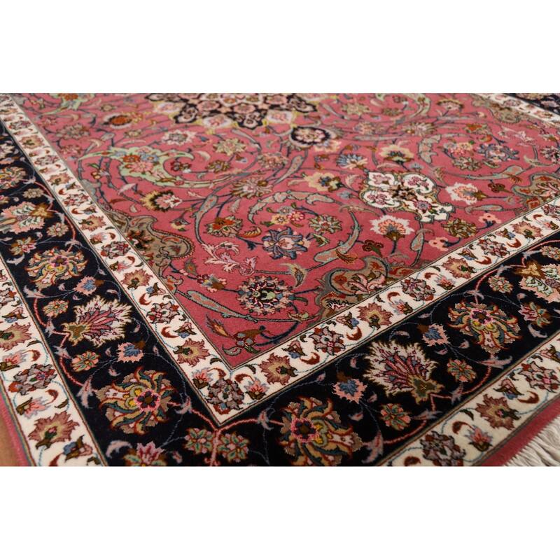 Floral Pink Tabriz Persian Rug Handmade Wool & Silk Carpet - 4'1"x 7'0"