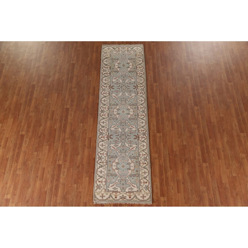 Floral Blue Oushak Runner Rug Hand-knotted Wool Carpet - 2'9"x 9'10"