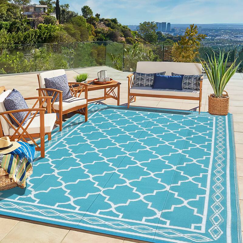 Outdoor Rug Waterproof Reversible Rug Outside Plastic Carpet, Stain & UV Resistant Portable RV Rug - 5'x8' - Light Blue White