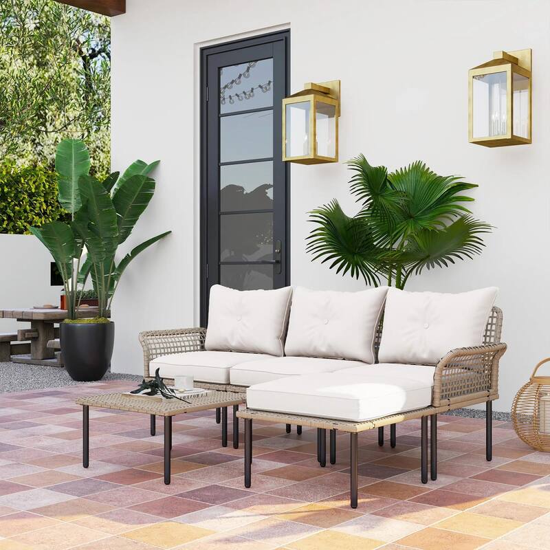 5PCS PE Rattan Patio Set, Sofa Chaise Coffee Table, White Weatherproof