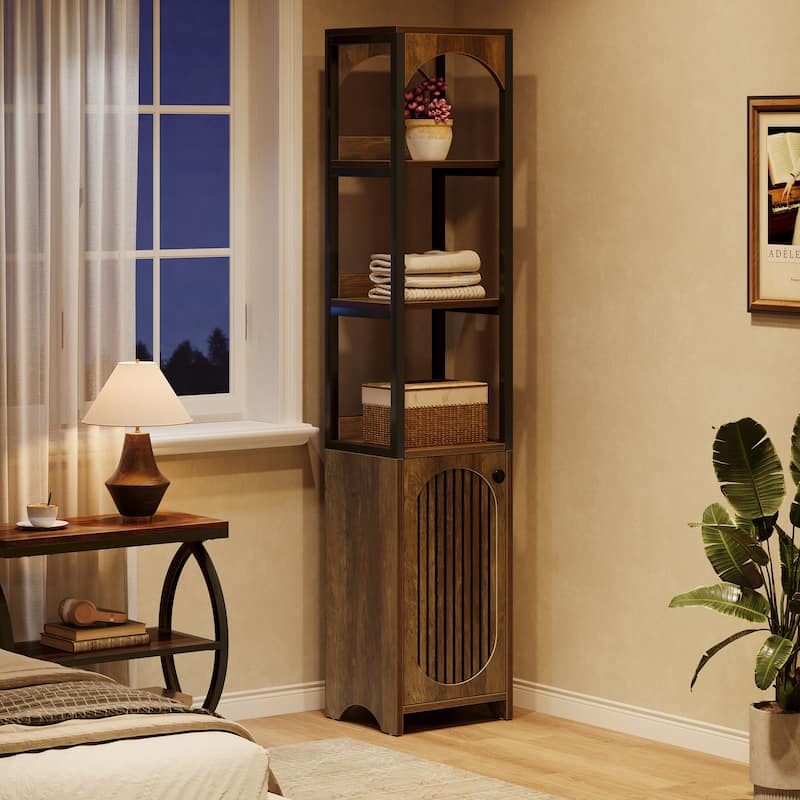 6-Tier Narrow Bookcase with Louvered Door Cabinet for Small Space