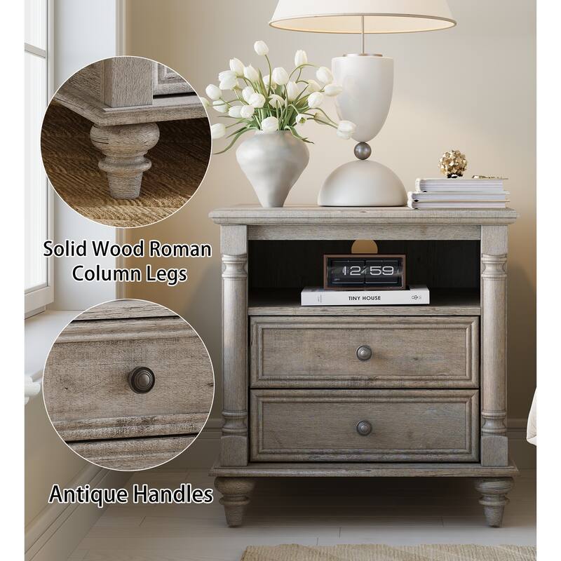 Farmhouse Nightstand Set of 2 with Solid Wood Feet, Charging Station