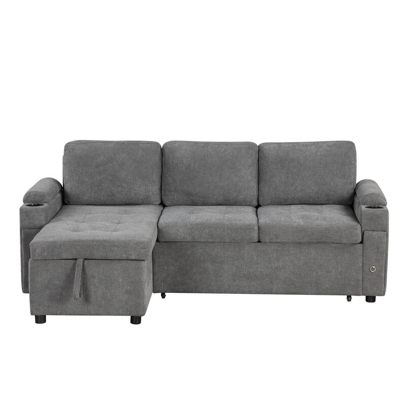 83.5" Chenille L-Shaped Sectional Sofa with Convertible Sofa Bed, Storage Chaise, Cup Holders & USB Ports
