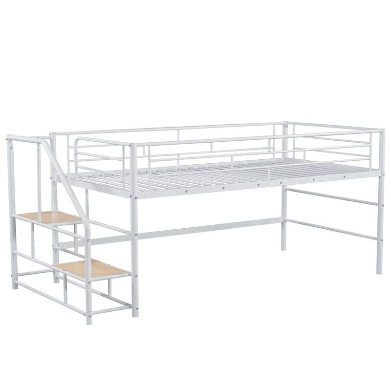 Metal Low Loft Bed with Underneath Play and Storage Spaces for Kids, Metal Loft Bedframe with Staircase and Guardrail