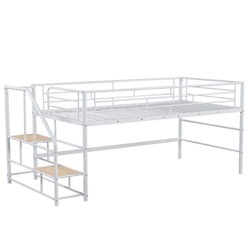 White Twin Size Metal Mid Loft Bed with Storage Stairs and Fence