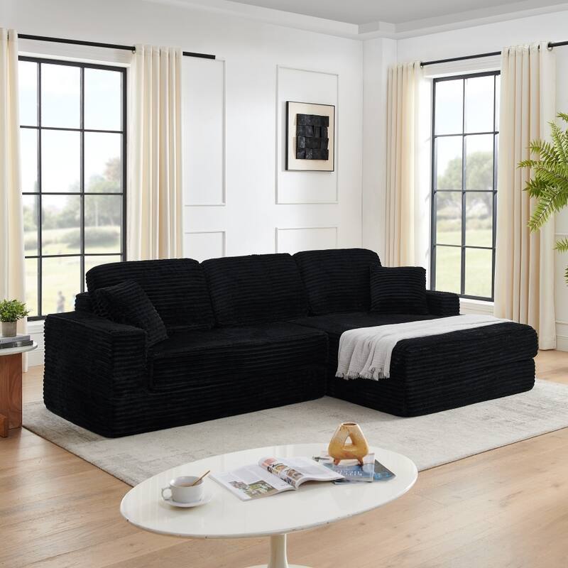 112.6" Modern L-shaped Modular Sectional Sofa in Corduroy, Unfold into Bed for Rest