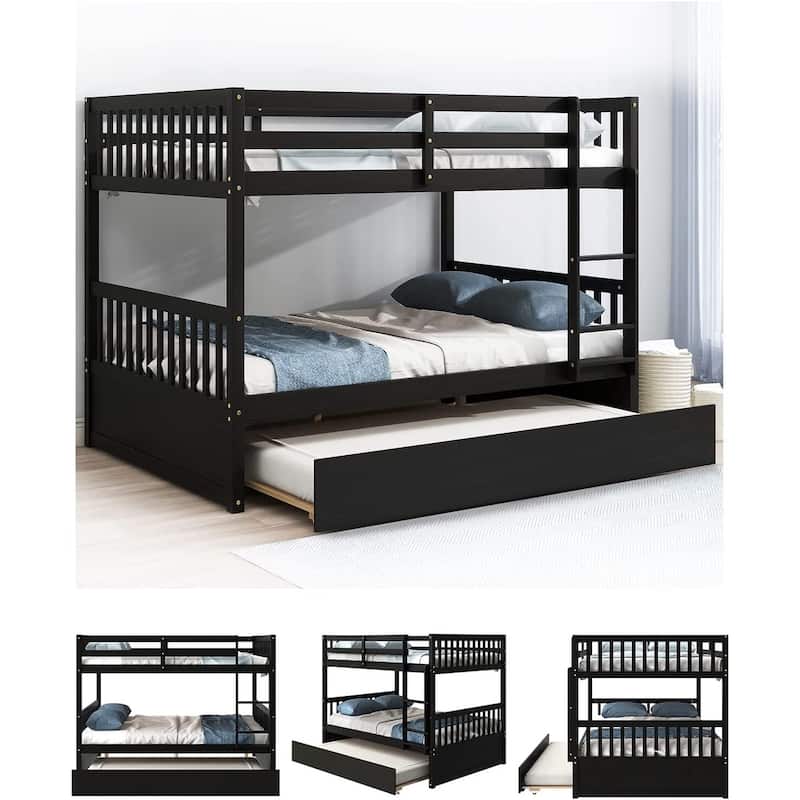 Full Over Full Bunk Bed with Trundle, Solid Bunk Bed with Trundle for Kids, Teens, Boys and Girls