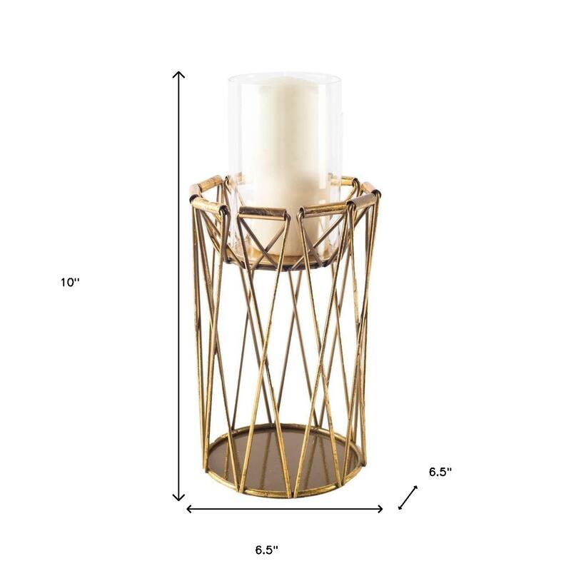 10" Antiqued Brass Distressed Geometric Metal And Glass Tabletop Hurricane Candle Holder