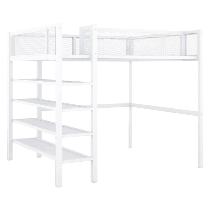 Twin/Full Metal Loft Bed with Built-in Desk, Shelves, and Storage, Modern Design