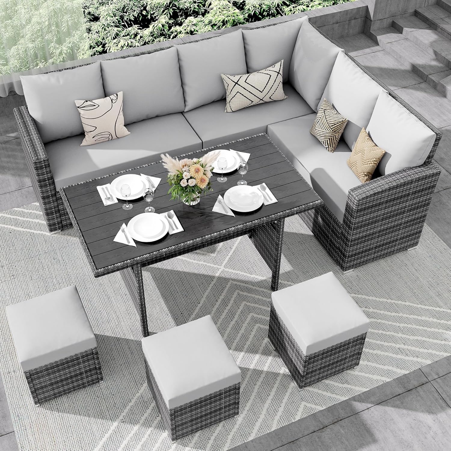 7-Piece Patio Furniture Set, PE Rattan Sectional Sofa with Dining Table & Cushions, Grey