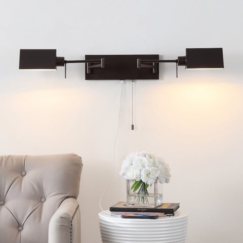 Curtis Farmhouse Swing Arm Plug-In or Hardwired Iron LED Wall Sconce with Pull-Chain with USB Charging Port, by JONATHAN Y - 2 Light - Oil Rubbed Bronze