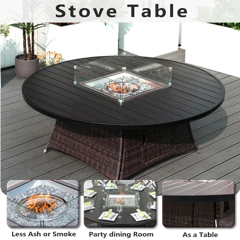 Modern 9-piece Aluminum Round Fire Pit Table Set with 8 Chairs for Patio