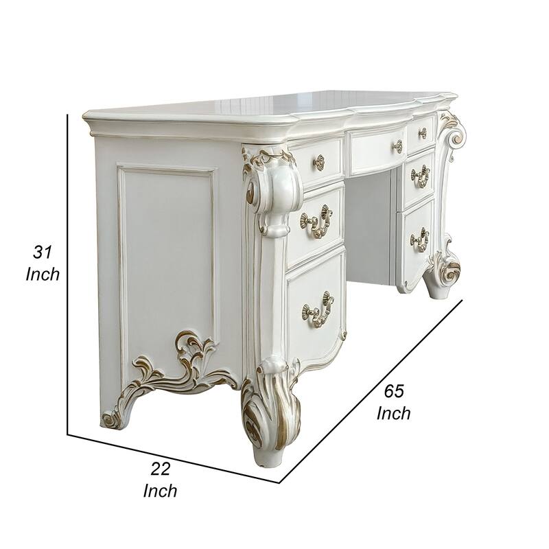 Antoine Vanity Desk, 7 Drawers, Antique Silver Wood, Gold, 65 Inch