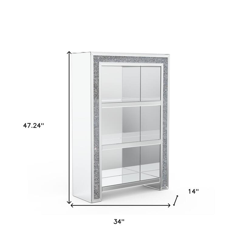 HomeRoots 47" Silver And Clear Mirrored Glass And Faux Crystal Bling Accent Cabinet