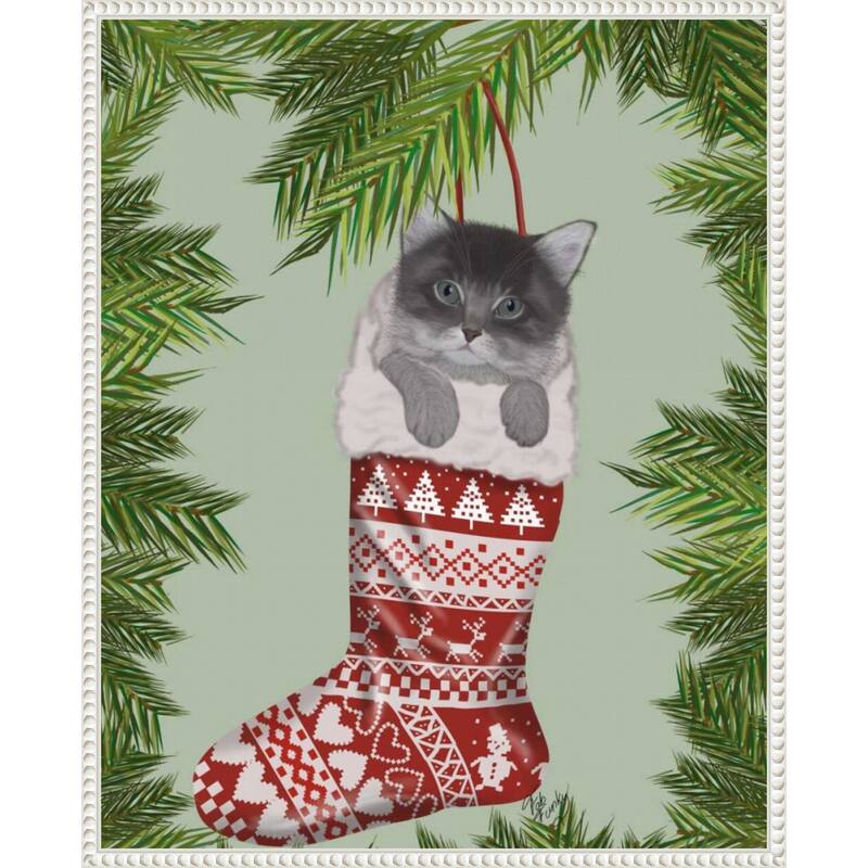 Grey Kitten in Christmas Stocking by Fab Funky (23 x 28 in.), Framed Canvas Wall Art Print - Sylvie Beaded White