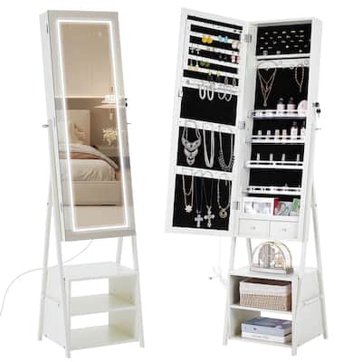 VECELO Standing Jewelry Cabinet Armoire with Adjustable LED Lights and Multi-functional Storage Shelf Drawers