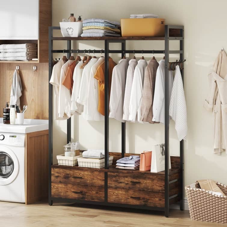 Freestanding Closet Organizer for Hanging Clothes, Heavy Duty Wardrobe Closet Clothing Rack with Drawers - Brown