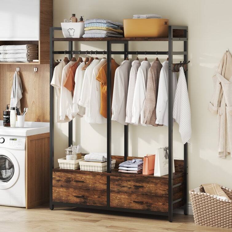 Freestanding Open Wardrobe Closet, Heavy Duty Garment Rack Closet Organizer, Rustic Brown