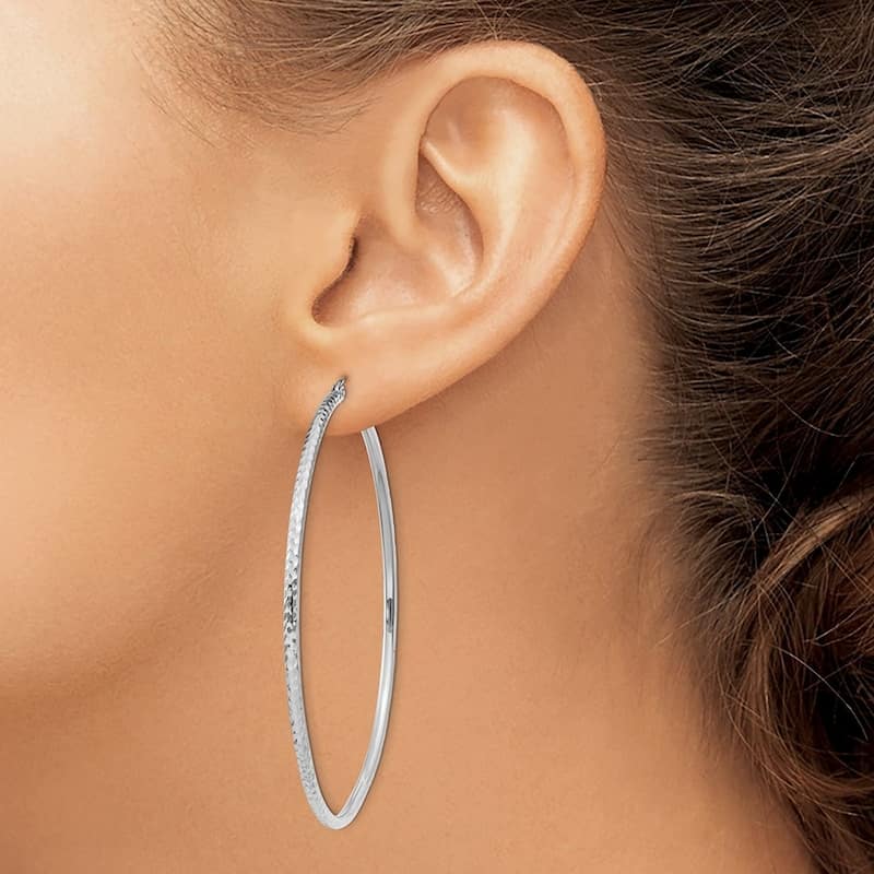 Curata 14k White Gold Hollow Polished Hinged Post Sparkle Cut Round Tube Hoop Earrings - 56x56mm