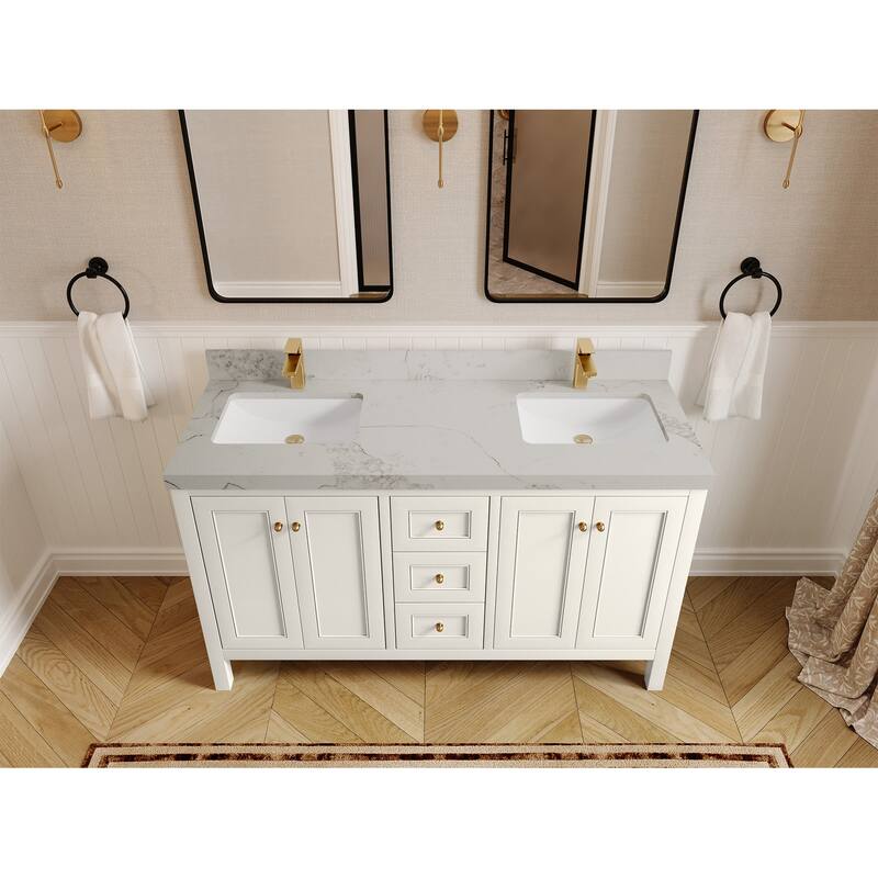 Willow Collections 60 in. W x 22 in. D Nashville Double Bowl Sink Bathroom Vanity with Countertop - 2”Calacatta Nuvo - Ivory