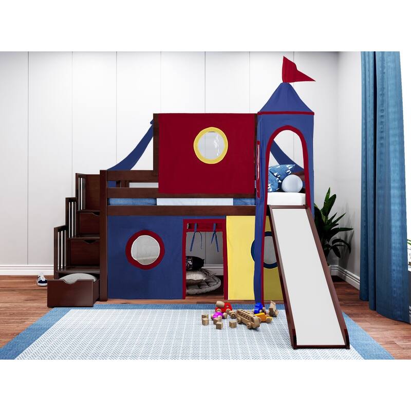 JACKPOT Prince & Princess Low Loft Twin Bed, Stairs Slide Tent & Tower