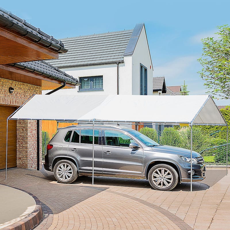 Large Outdoor Carport with Galvanized Steel Frame and White PE Canopy Ground Stakes - 9.6' L x 19.5' W x 8.5' H