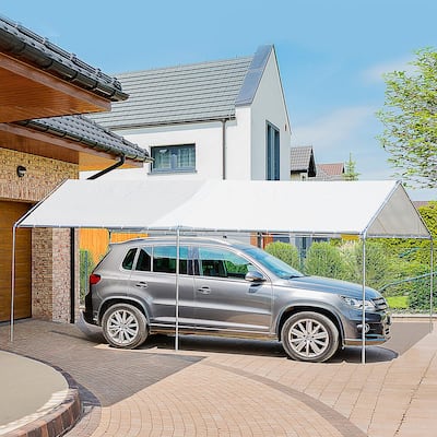 Large Outdoor Carport with Galvanized Steel Frame and White PE Canopy Ground Stakes - 9.6' L x 19.5' W x 8.5' H