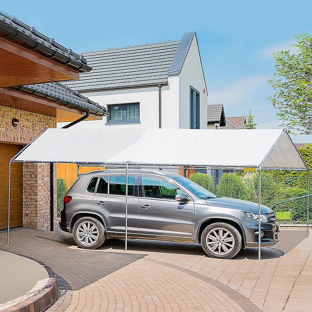 Large Outdoor Carport with Galvanized Steel Frame and White PE Canopy Ground Stakes - 9.6' L x 19.5' W x 8.5' H