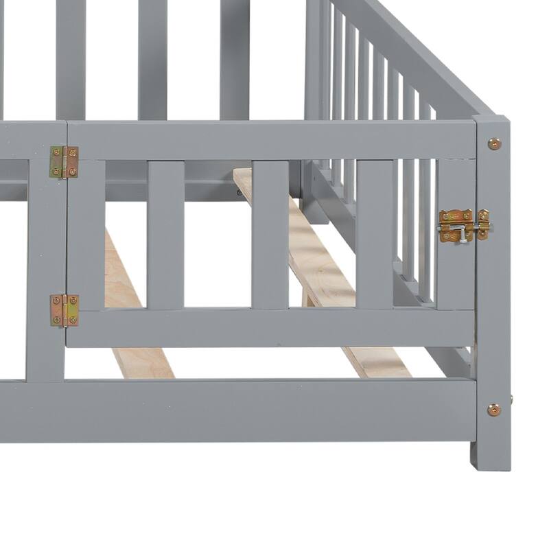 Full-size Montessori Floor Bed with Bookcases, Blackboards, and Storage Headboards for Kids and Teens