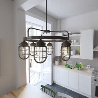Hunter Starklake 6-Light Chandelier - Dining Room, Entry, Kitchen Table - Industrial, Wheel, Rustic, Caged Design