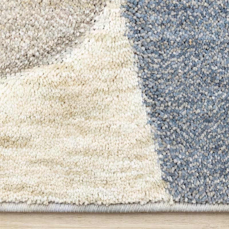 Cara Blue Cream Grey Soft Curves Area Rug, 5'3" x 7'7"
