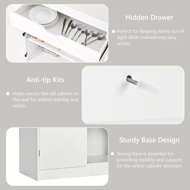 Farmhouse Kitchen Pantry Cabinet Storage Cupboard with 8 Door Shelves, 3 Adjustable Interior Shelves, Hidden Drawer